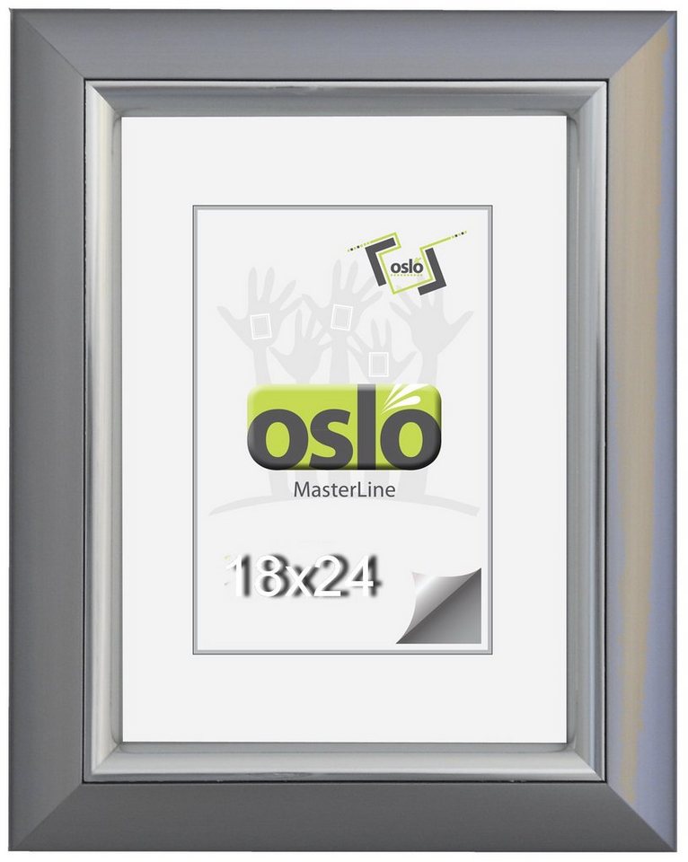 Oslo MasterLine Einzelrahmen Bilderrahmen Kunststoff Innenleiste glänzend Echtglas Becker+Hach FSC, 18 x 24 cm stahl (graphit) Innenleiste silbern glänzend Aufsteller von Oslo MasterLine