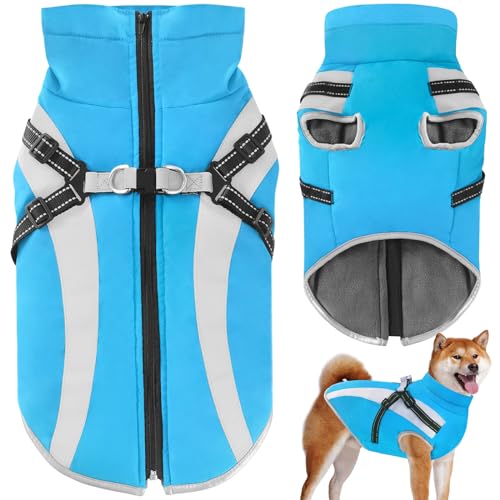 Oslueidy Wasserdichter Hundemäntelmit Geschirr Winter Warme Hundejacke Winddichte Haustier Kleidung Schneeanzug Hundejacken für Kleine Mittlere Große Hunde (2XL, Blau) von Oslueidy