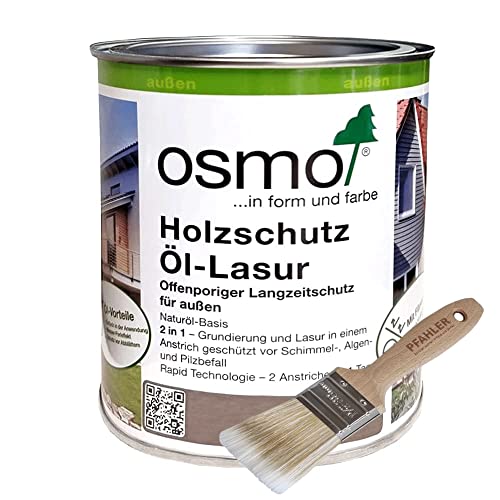 Osmo Holzschutz Öl-Lasur - 0,75 l (700 Kiefer) + Flächenstreicher Pinsel von Pfahler Gratis. Grundierung und Lasur in einem Anstrich, Wirkt wasserabweisend und ist äußerst wetterund UV-beständig von Osmo Holz und Color GmbH&Co.KG