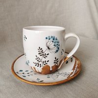 Handgefertigte Keramiktassen Set Florale Kräuterteetasse Mit Untertasse von OsokaArtCeramics