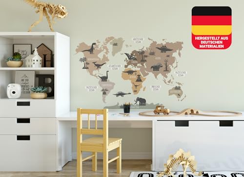 Osomhome Dino Wandtattoo Weltkarte Dinosaurier Pastellfarben (120x80cm) | World Map Wall Decoration Wandsticker | Dino Deco Kinderzimmer Junge & Mädchen | Wandaufkleber Wandbild Kinderbilder os5031 von Osomhome