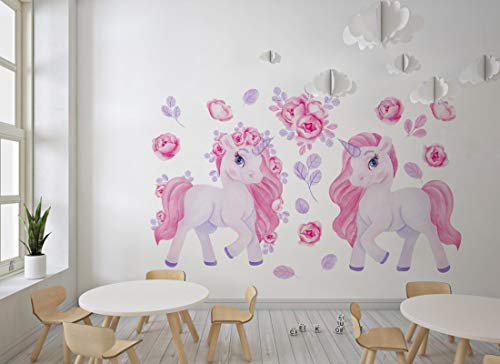 Osomhome Wandaufkleber rosa Einhorns Wandbild I Blumen Kinderbilder Junge Kinderzimmer Mädchen Aufkleber os2033 (160x100cm) von Osomhome