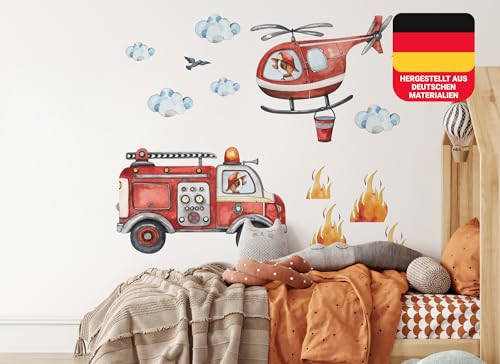 Osomhome | Wohnzimmer Wandtattoo Kinderzimmer Junge | Wandsticker Mädchen Babyzimmer Aufkleber | Feuerwehr Hubschrauber Wanddeko Schalfzimmer | os2801 140x107 cm von Osomhome