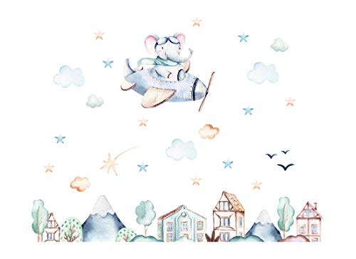 Osomhome Wandtattoo Kinderzimmer Junge & Mädchen: Elefant im Flugzeug (130x100cm) | Wandsticker Kinderzimmer Deko | Babyzimmer Deco Wanddeko | Wandaufkleber Wandbild Kinderbilder os7808 von Osomhome