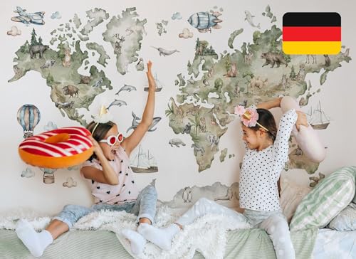 Osomhome Wandtattoo Kinderzimmer Mädchen & Junge: Weltkarte Tiere (170x100cm) | World Map Wall Decoration Wandsticker | Kinder & Babyzimmer Deko | Wall Stickers & Wanddeko Kinderzimmer os5092 von Osomhome