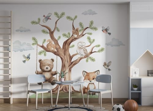 Osomhome | Wandtattoo Kinderzimmer Wanddeko Waldtiere I Wandsticker Jungenzimmer | Tapete Selbstklebend Wandbilder Jugendzimmer | Großer Baum, Teddybär auf einer Schaukel (Eiche, XL) von Osomhome