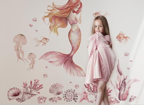 Osomhome |Wandtattoo Kinderzimmer Wandsticker | Wanddeko Babyzimmer | Schlafzimmer Junge Mädchen Selbstklebend (Rosa Meerjungfrau, M) von Osomhome