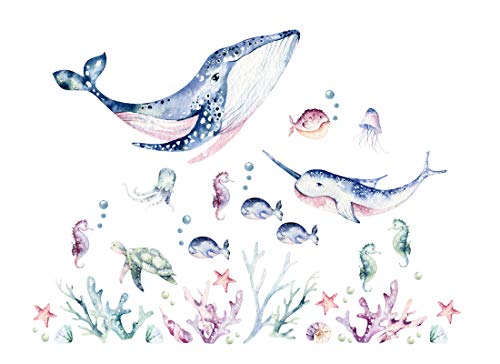 Osomhome Wandtattoo Unterwasserwelt 110 x 80 cm | Fisch Koralle Wal Narwal Luftblasen Kinderbilder Junge Kinderzimmer Mädchen Aufkleber von Osomhome