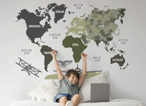 Osomhome Wandtattoo Weltkarte Armee (140x100cm) | World Map Wall Decoration Wandsticker | Deco Kinderzimmer Junge & Mädchen | Wandaufkleber Wandbild Kinderbilder Wandtattoo os5050 von Osomhome