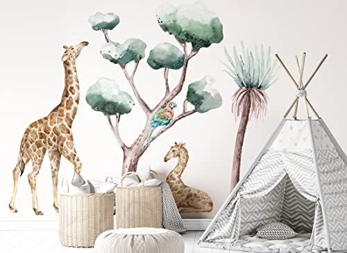 OsomhomeSAVANNA SPIRIT XL Wandaufkleber für Kinder, Safari, Savanne, Giraffe, Gepard, Affen, Tiger, Elefant, Bäume, Aquarell (os4060) von Osomhome