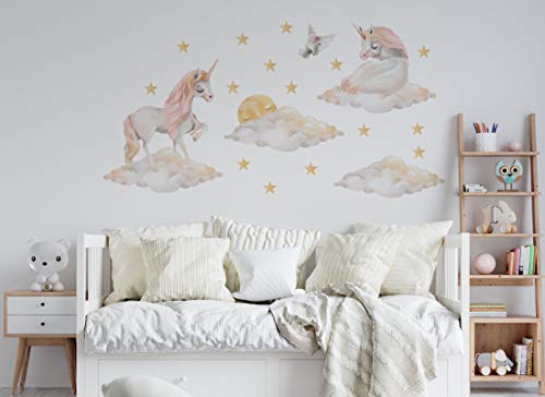 Wandaufkleber Einhorn Wandbild I Sterne Mond Wolken Kinderbilder Junge Kinderzimmer Mädchen Aufkleber Osomhome os2145 (202x104cm) von Osomhome