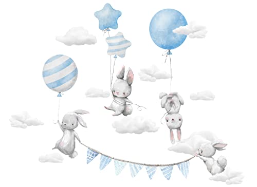 Wandaufkleber für Kinder, Hasen mit Luftballons, Tiere, Wolken, blau, Kinderbilder Junge Kinderzimmer Mädchen Aufkleber Osomhome, 100x100cm von Osomhome