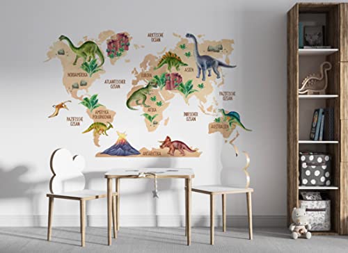 Osomhome Dino Wandtattoo Weltkarte Dinosaurier (120x80cm) | World Map Wall Decoration Wandsticker | Dino Deco Kinderzimmer Junge & Mädchen | Wandaufkleber Wandbild Kinderbilder os5077 von Osomhome