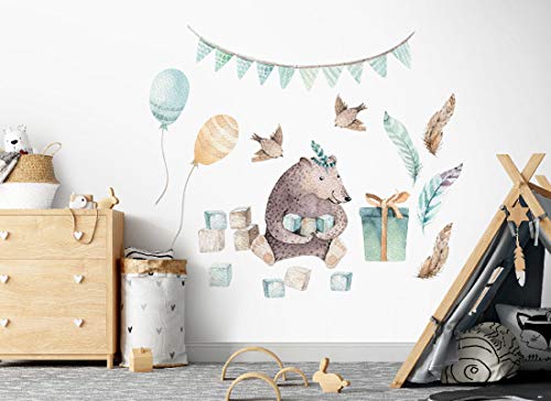 Wandtattoo Bär I Luftballons Vögel Feder Geburtstagsparty Kinderbilder Junge Kinderzimmer Mädchen Aufkleber Osomhome os8854 (170x150cm) von Osomhome