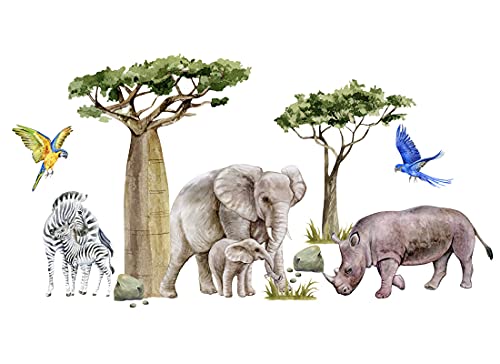 Wandtattoo Dschungeltiere Safari, Savanne, Zebra, Elefant, Nashorn, Tropische Bäume Kinderzimmer Junge Babyzimmer Wandsticker Wandaufkleber Bilder Osomhome (115x60cm) von Osomhome