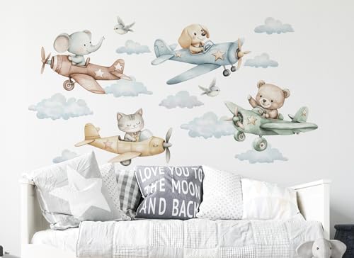 Wandtattoo Flugzeuge Heißluftballons I Sterne Wolken Tiere Kinderbilder Junge Kinderzimmer Mädchen Aufkleber Osomhome (Tiere in Flugzeugen, S) von Osomhome