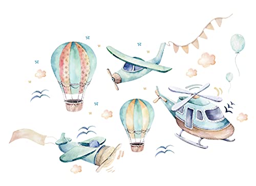 Osomhome Wandtattoo Kinderzimmer Junge & Mädchen: Flugzeuge mit Heißluftballons (100x70cm) | Wandsticker Kinderzimmer Deko | Babyzimmer Deco Wanddeko | Wandaufkleber Wandbild Kinderbilder os7930 von Osomhome