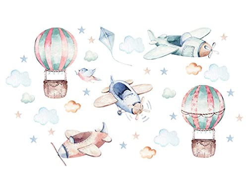 Osomhome Wandtattoo Kinderzimmer Junge & Mädchen: Flugzeuge mit Heißluftballons (180x80cm) | Wandsticker Kinderzimmer Deko | Babyzimmer Deco Wanddeko | Wandaufkleber Wandbild Kinderbilder os7823 von Osomhome