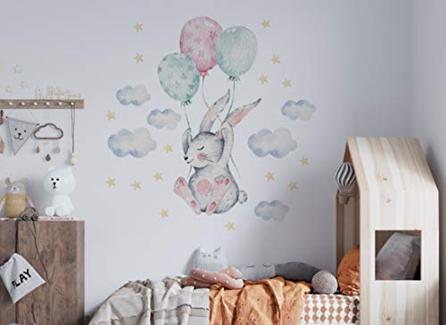 Wandtattoo Hase mit Luftballons I Wolken Kinderbilder Junge Kinderzimmer Mädchen Aufkleber Osomhome os8871 (105x110cm) von Osomhome