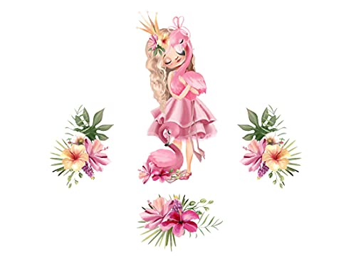 Osomhome Wandtattoo Kinderzimmer Mädchen Prinzessin mit Flamingo (100x90cm) | Kinderzimmer Deko Babyzimmer Wanddeko | Wandaufkleber Wandbild Kinderbilder Wandsticker | Blumen Blumenkrone os6632 von Osomhome