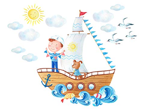 Wandtattoo Seemann auf einem Schiff - Wolken Hund Möwen Fisch Kinderbilder Junge Kinderzimmer Mädchen Aufkleber Osomhome (Seemann, XL) 160x130 cm von Osomhome