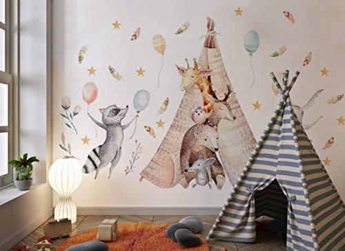 Wandtattoo Waldtiere I Feder Sterne Hase Waschbär Kinderbilder Junge Kinderzimmer Mädchen Aufkleber Osomhome os8816 (195x130cm) von Osomhome