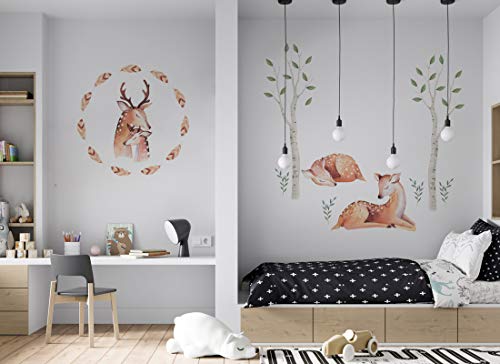 Wandtattoo Waldtiere I Reh Bäume Feder Blätter Kinderbilder Junge Kinderzimmer Mädchen Aufkleber Osomhome os8801 (150x110cm) von Osomhome