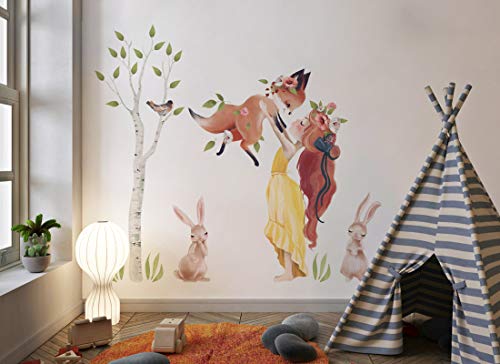 Wandtattoo Waldtiere und Mädchen I Blume Reh Fuchs Vogel Kaninchen Kinderbilder Junge Kinderzimmer Mädchen Aufkleber Osomhome os3646 (150x130cm) von Osomhome