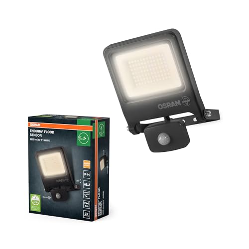 Osram ENDURA FLOOD PC 50W LED-Fluter mit Sensor, 3000K warmweiß, 5000 Lumen, IP44 Flutlicht Bewegungserkennung, Reichweite bis 9m, Grau von Osram