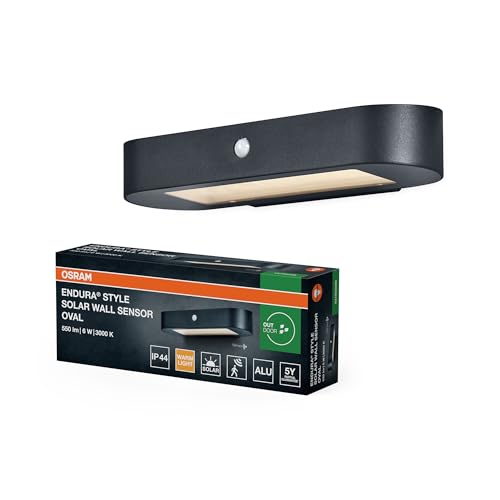 OSRAM ENDURA Style Oval Solar-Wandleuchte, warmweißes Licht (3000K), integrierter Sensor, ohne Strom nutzbar, lange Batterielaufzeit: 30 Mal 60 Sekunden im PIR Modus, Schutzklasse IP44, schwarz von Osram