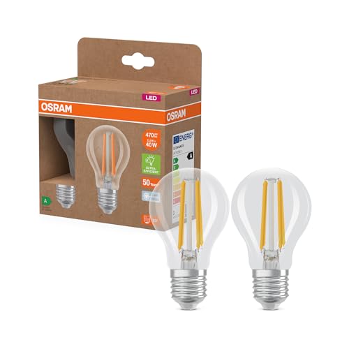 Osram Energy Class LED-Lampe in klassischer Kolbenform, 2.2 W / 470 lm, EEK A, kaltweißes Licht (4000 K), CRI 80, aus klarfarbenem bleifreiem Glas, E27 Sockel, IP20, 60 mm Durchmesser. von Osram