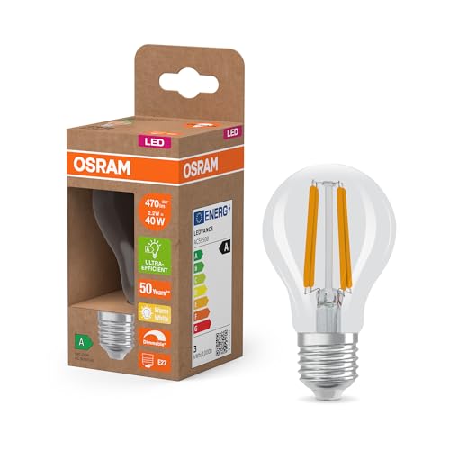 Osram Energy Class LED-Lampe in klassischer Kolbenform, 2.2 W / 470 lm, EEK A, warmweißes Licht (2700 K), CRI 80, aus klarfarbenem bleifreiem Glas, E27 Sockel, IP20, 60 mm Durchmesser, dimmbar. von Osram