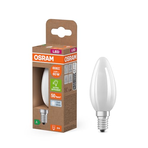 Osram Energy Class LED-Lampe in klassischer Minikerzenform, 3.8 W / 806 lm, EEK A, kaltweißes Licht (4000 K), CRI 80, aus gefrostetem bleifreiem Glas, E14 Sockel, IP20, 35 mm Durchmesser. von Osram