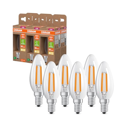 Osram Energy Class LED-Lampe in klassischer Minikerzenform, 3.8 W / 806 lm, EEK A, warmweißes Licht (2700 K), CRI 80, aus klarfarbenem bleifreiem Glas, E14 Sockel, IP20, 35 mm DM,6-Pack von Osram