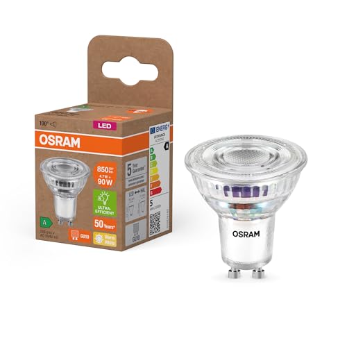 OSRAM Energy Class LED-Reflektor-Lampe PAR16 mit 4.7 W, 850 lm, warmweiß (2700 K) aus klarem bleifreiem Glas mit GU10 Sockel in der Energieeffizienzklasse A, 50 mm Durchmesser, IP20. von Osram