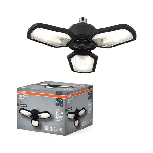 OSRAM Highbay Blade Deckenlampe in Schwarz, Aluminium, mit verstellbaren Lichtflügeln, bietet 40 W bzw. 4300 lm in Neutralweiß mit 4000 K, E27 Schraubgewinde, 337.5 mm Durchmesser, IP20 von Osram