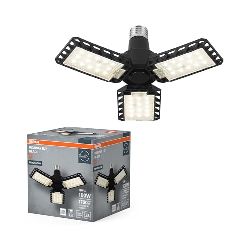 OSRAM Highbay Blade Deckenlampe in Schwarz, Kunststoff, mit verstellbaren Lichtflügeln, bietet 17 W bzw. 1700 lm in Neutralweiß mit 4000 K, E27 Schraubgewinde, 231 mm Durchmesser, IP20 von Osram