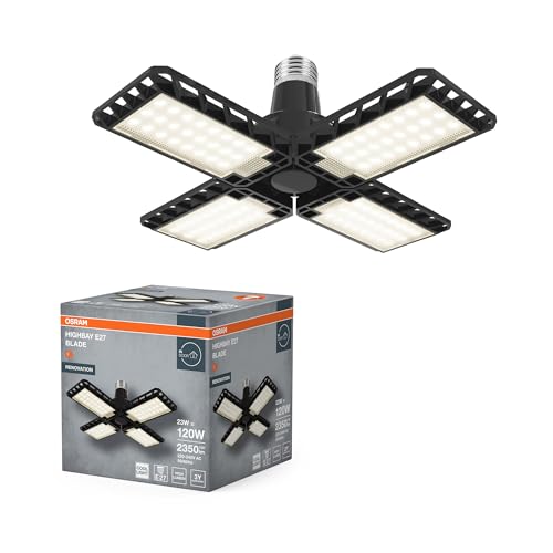 OSRAM Highbay Blade Deckenlampe in Schwarz, Kunststoff, mit verstellbaren Lichtflügeln, bietet 23 W bzw. 2350 lm in Neutralweiß mit 4000 K, E27 Schraubgewinde, 231 mm Durchmesser, IP20 von Osram