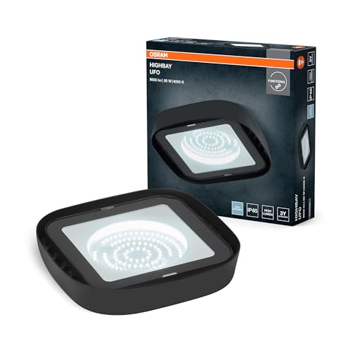 OSRAM Highbay Ufo Deckenleuchte in Schwarz, bietet 80 W und 9300 lm in Tageslichtweiß bei 6500 K, mit IP65 besteht ein Schutz gegen Strahlwasser und Staub (staubdicht), ideal für hohe Decken von Osram