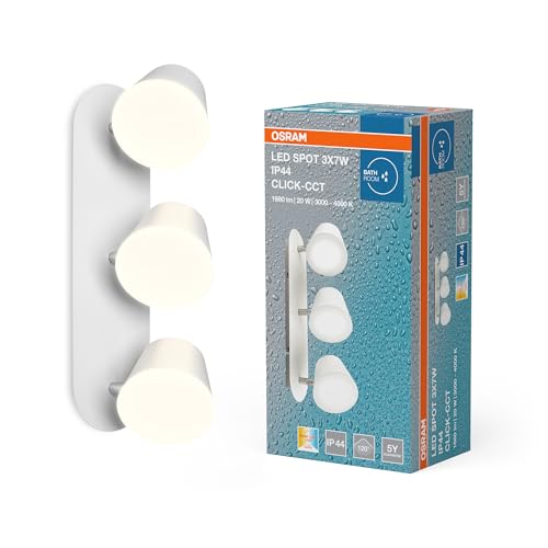 OSRAM LED 3er-Spot Bad-Wand-/Deckenleuchte mit Click-CCT in Weiß aus Aluminium, Farbtemperatur über Wandschalter einstellbar, IP44-Schutz, Anbauleuchte für Innen von Osram