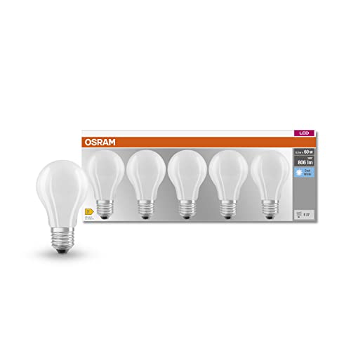 OSRAM LED BASE Classic A60, matte Filament LED-Lampen aus Glas für E27 Sockel, Birnenform, Kaltweiß (4000K), 806 Lumen, Ersatz für herkömmliche 60W-Glühbirnen, 5er-Box von Osram