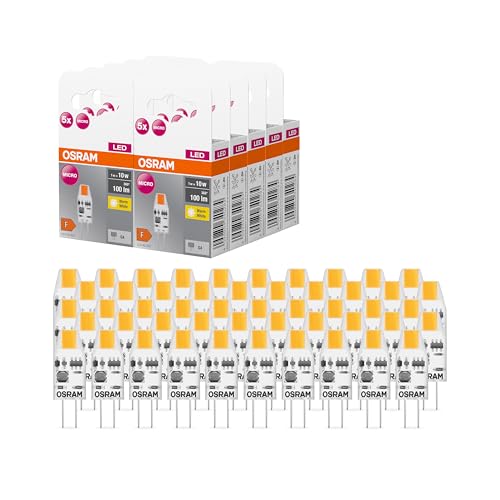 OSRAM LED BASE PIN MICRO, Vorteilspack mit 50 Niedervolt Leuchtmittel, ersetzt herkömmliche 10W PIN Speziallampen, warmweiß (2700K), 1W, G4 Sockel, mattes Glas, nicht dimmbar, ultrakompakt von Osram