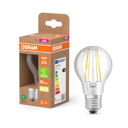 Osram LED Classic LED-Lampe mit Filament in klassischer Kolbenform, klarer Glasleuchtkörper, 3.8 W, E27 Fassung, EEK A, 806 lm für die Allgemeinbeleuchtung. von Osram