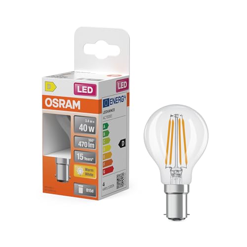 OSRAM LED-Lampe Star Globe P40 Filament, 2700 K warmweiß, 3,4 W, B15d, klar, 470 lm, für Tisch- und Pendelleuchten, Wohnraum, 15.000h von Osram