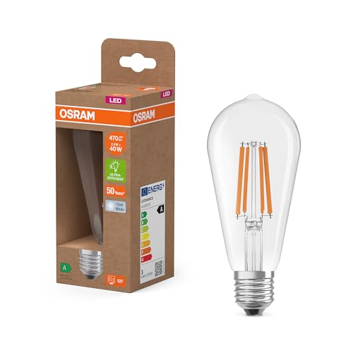 Osram LED-Lampe in klassischer Globeform, mit dekorativem LED-Filament im Frosted Design, Energieeffizienzklasse A, E27, 7.2 W, 1521 lm, 4000 K, kaltweiß. Ohne Aufwärmen, sofort 100% Licht. von Osram