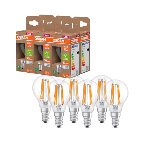 Osram LED-Lampe in klassischer Miniballform, mit dekorativem LED-Filament, Energieeffizienzklasse A, E14, 1.2 W, 255 lm, 4000 K, kaltweiß. Ohne Aufwärmen, 6-Pack von Osram
