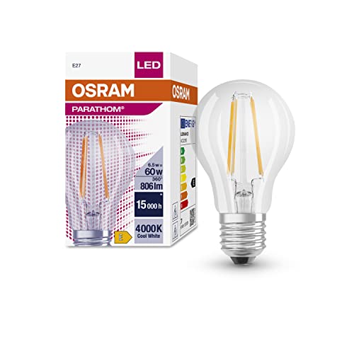 OSRAM LED-Lampen mit E27 Sockel | klassische Kolbenform, klar filament, energiesparend, 60W-Ersatz, kalt weiß, Lebensdauer (15.000H) | PARATHOM CLASSIC A 60 6.5 W/4000 K E27 von Osram