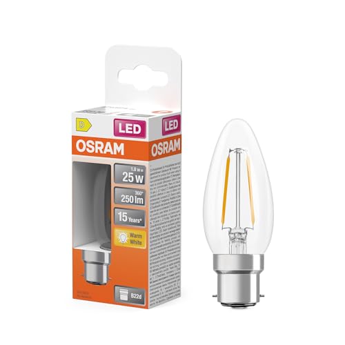 OSRAM LED-Lampe Star Kerzenform B25 Filament, 2700 K warmweiß, 1,8 W, B22d, klar, 250 lm, 15.000h, für Tischleuchten, dekorative Einbauten von Osram