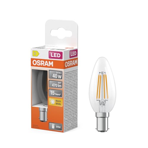 Osram LED-Lampe Star Kerzenform B40 Filament, 2700 K warmweiß, 3,4 W, B15d, klar, 470 lm, 15.000h, für Kronleuchter, dekorative Einbauten, Warmweiss von Osram