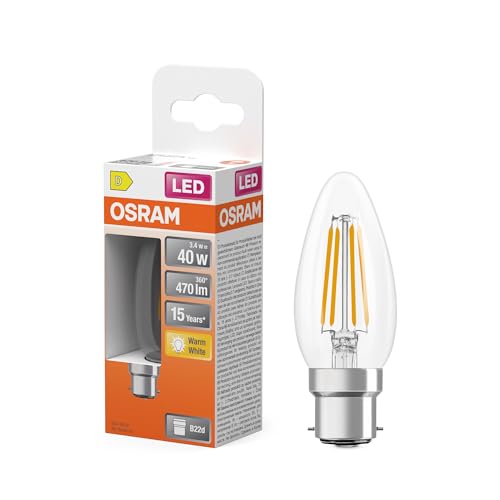 OSRAM LED-Lampe Star Kerzenform B40 Filament, 2700 K warmweiß, 3,4 W, B22d, klar, 470 lm, 15.000h, für Kronleuchter, dekorative Einbauten von Osram